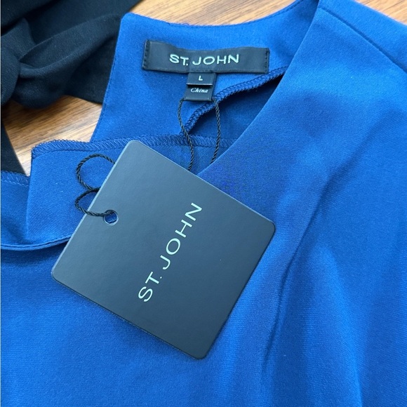 NWT St. John Women's Large Blue Silk Blouse Black Tie Slit Sleeve Cocktail Party - Picture 7 of 11